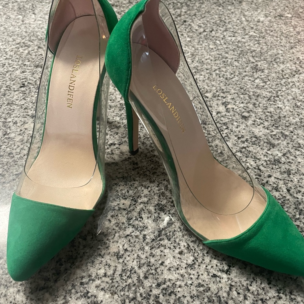 Emerald Green and Clear Plexi Heels with Pointed Toe. Green is Suede-like